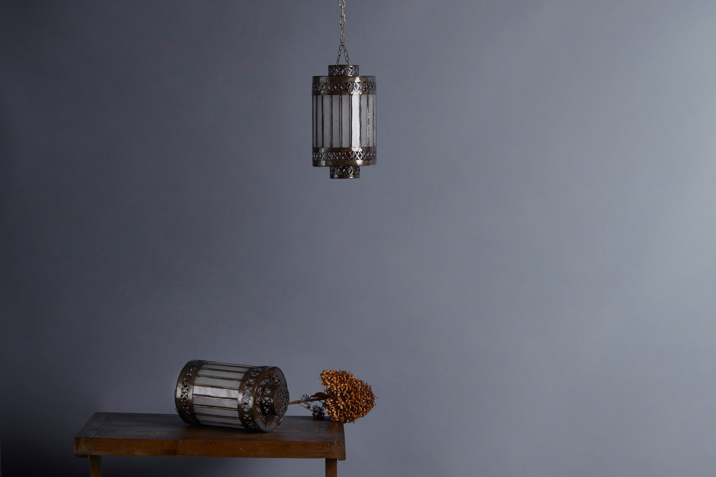 Frosted Glass & Tin Paneled Hanging Moroccan Lantern