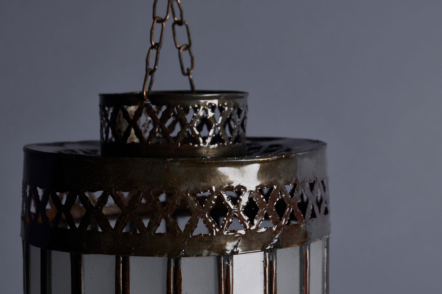 Frosted Glass & Tin Paneled Hanging Moroccan Lantern