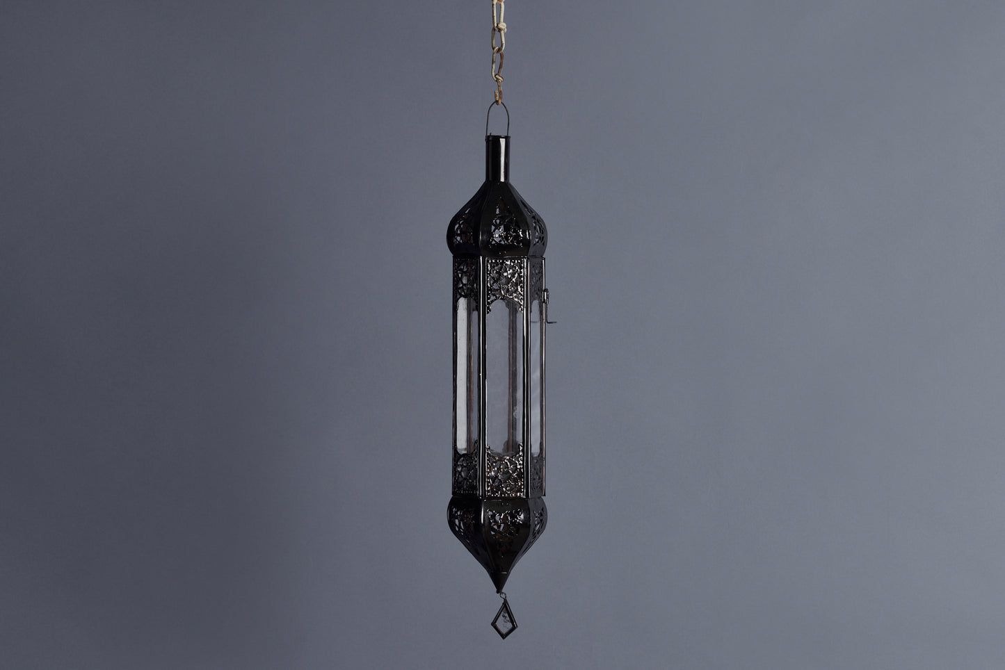 Small Bullet Shaped Tin & Glass Hanging Moroccan Lantern