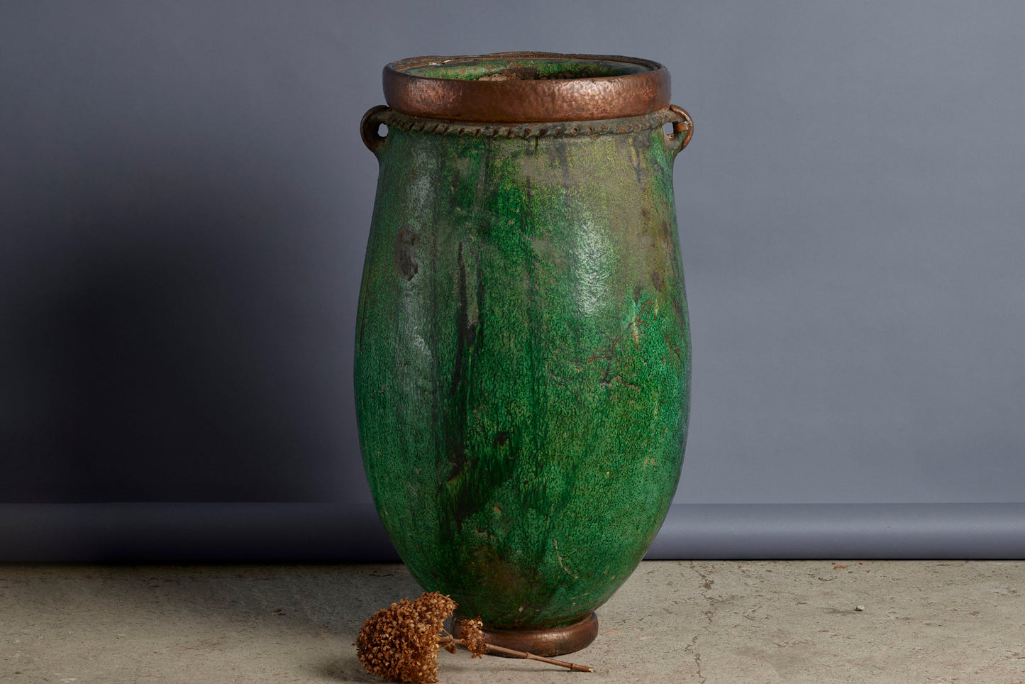 Early Tall Green Glazed Moroccan Stoneware Jardinière with Copper Repairs to Rim and Foot