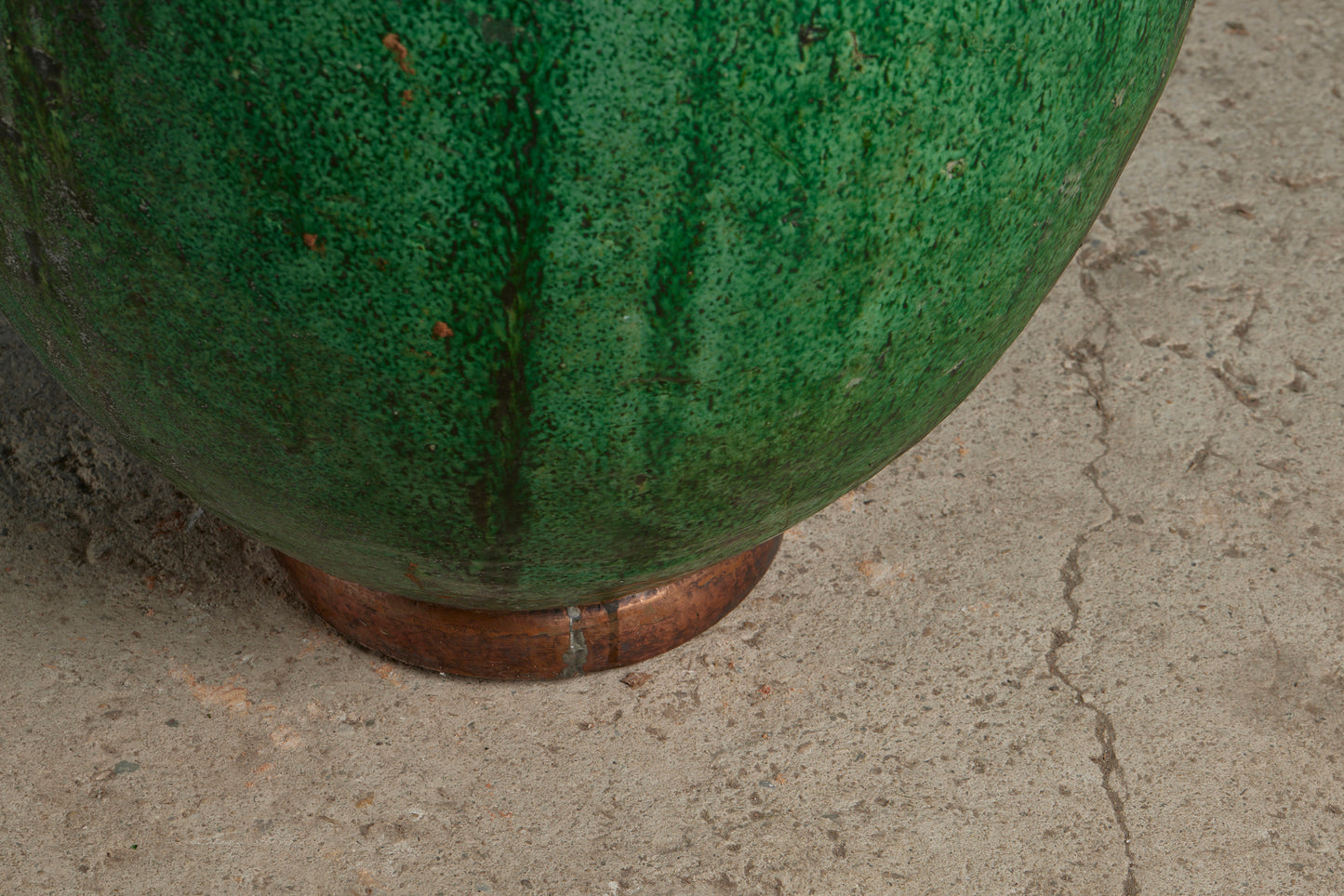 Early Tall Green Glazed Moroccan Stoneware Jardinière with Copper Repairs to Rim and Foot