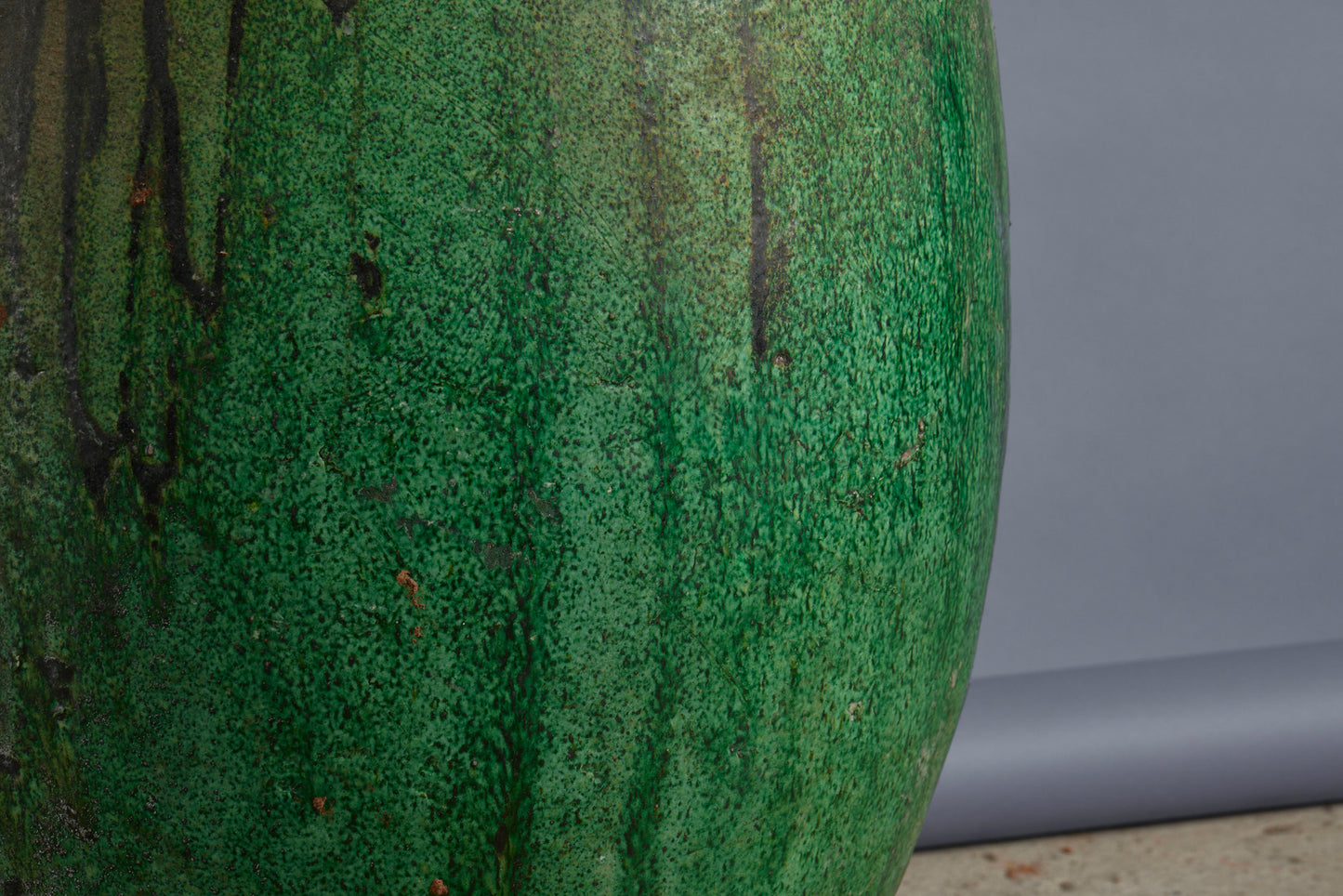 Early Tall Green Glazed Moroccan Stoneware Jardinière with Copper Repairs to Rim and Foot