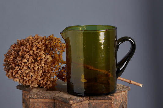 Large Hand Blown Olive Colored Glass Pitcher
