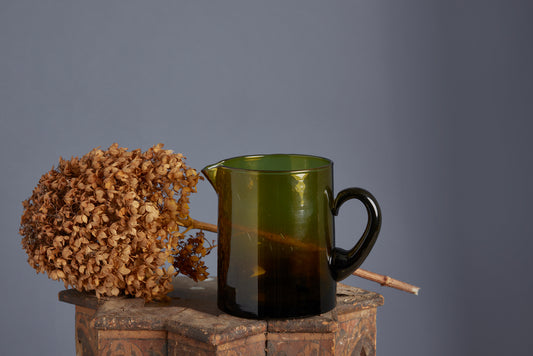 Medium Hand Blown Olive Colored Glass Pitcher