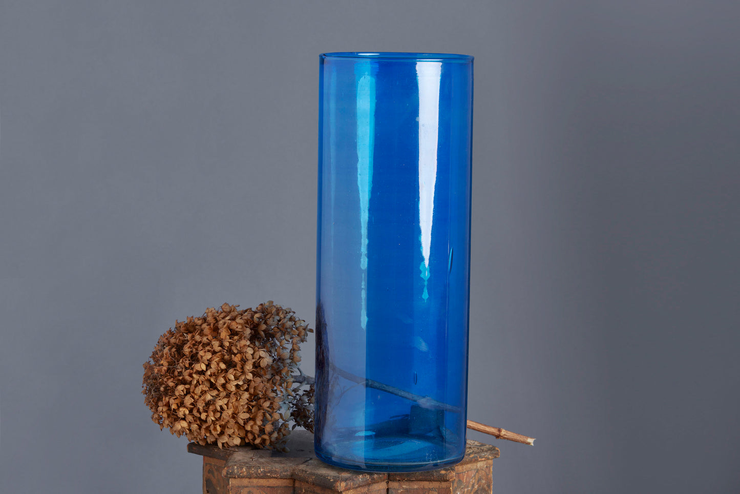 Hand Blown Mediterranean Blue Colored Tall Flashed Glass Vase from Marrakesh