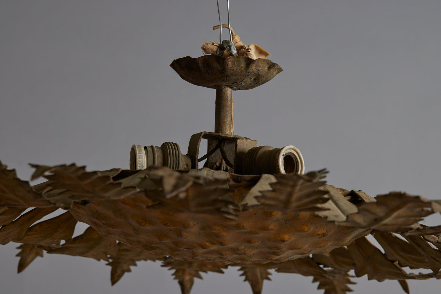 1940s Spanish Gilt Iron Ceiling Mounted Fixture  in the Form of a Sunflower