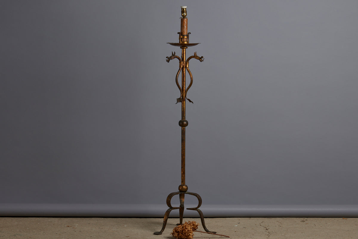 1940s Wrought Iron Gilt Neo Gothic Floor Lamp