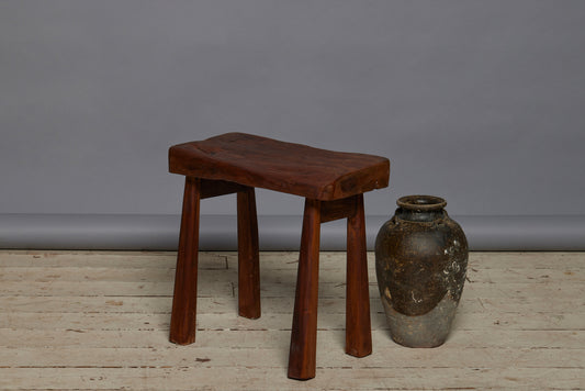 Small Primitive Teak Stool with an Old Worn Teak Top