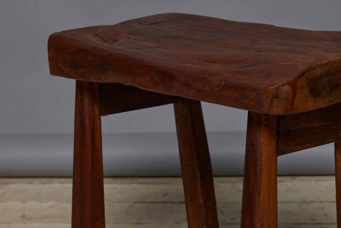 Small Primitive Teak Stool with an Old Worn Teak Top