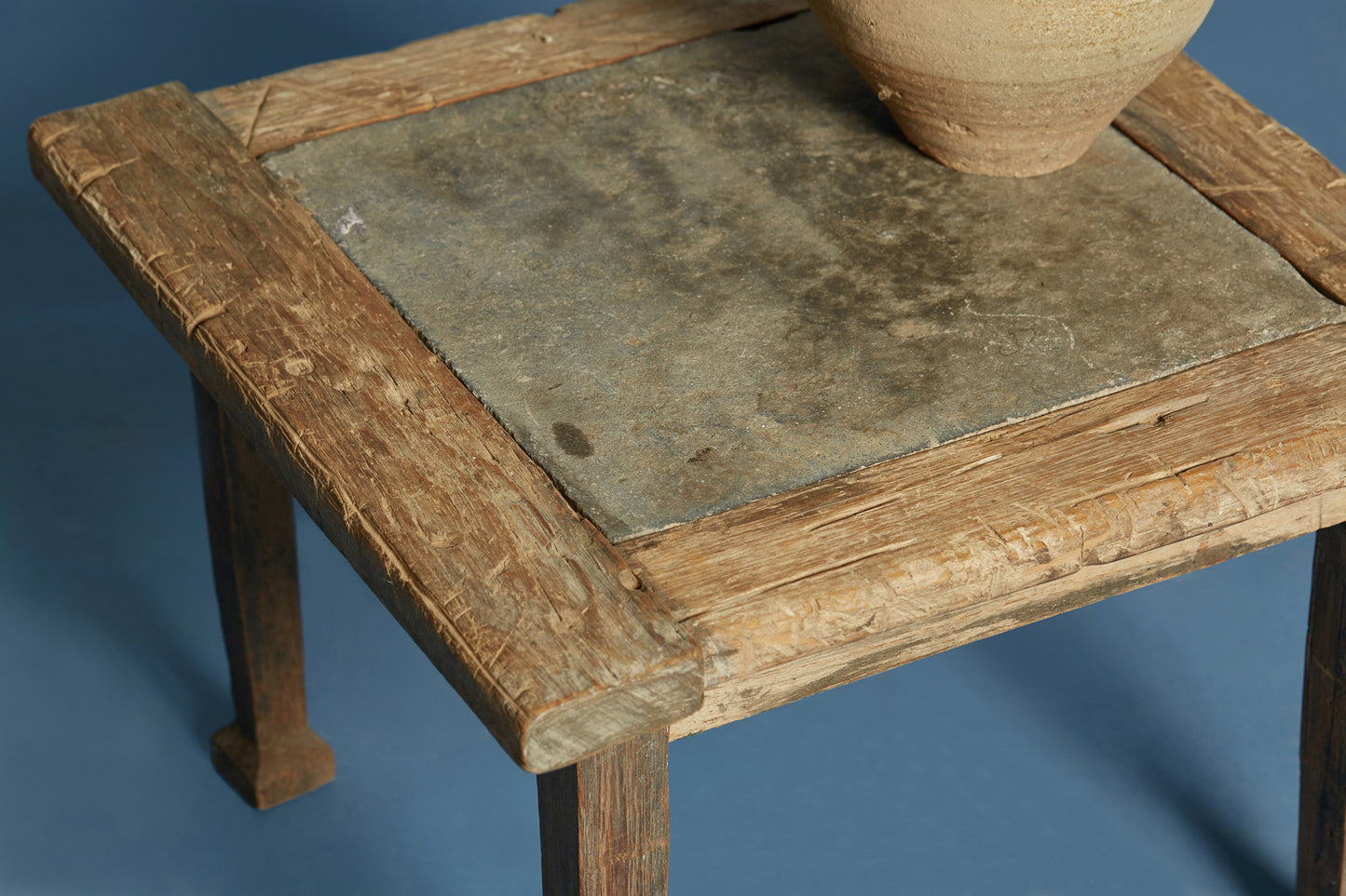 Small Teak Coffee Table with Single Inset 17th Century Belgian Bluestone