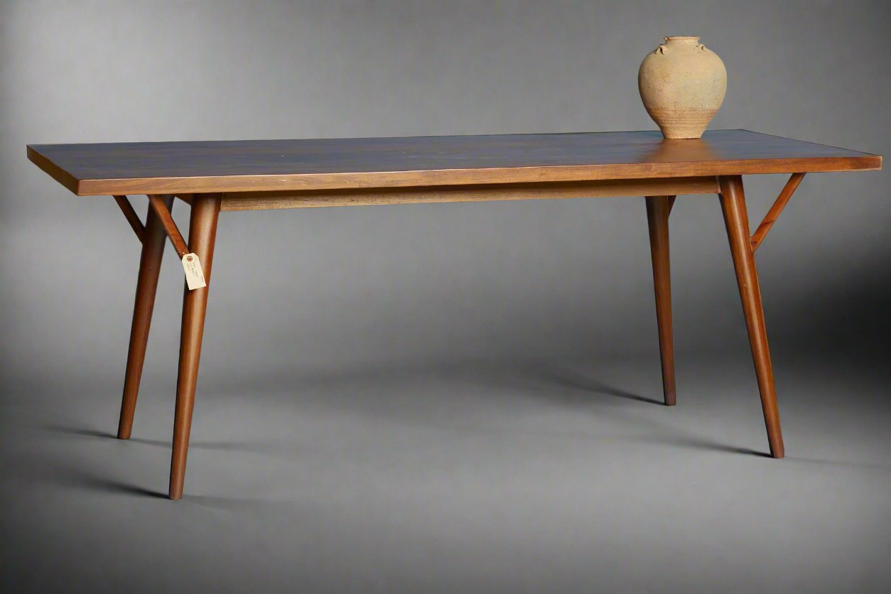 Teak Modern Taper Leg Dining Table with a Thick Board Top