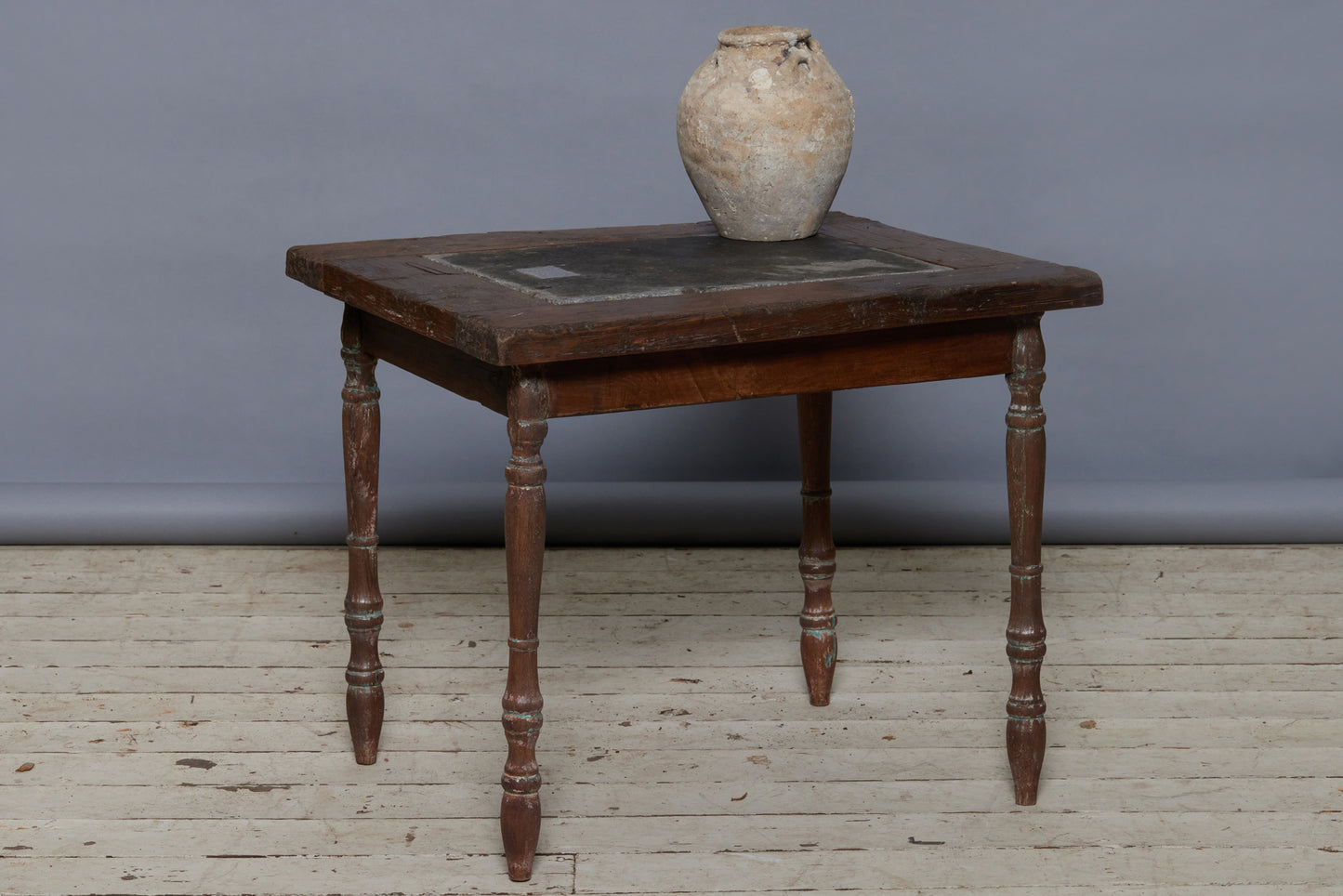 Altered 19th Century Dutch Colonial Teak Table with a Single Piece of 17th Century Belgian Blue Stone Inset on Top
