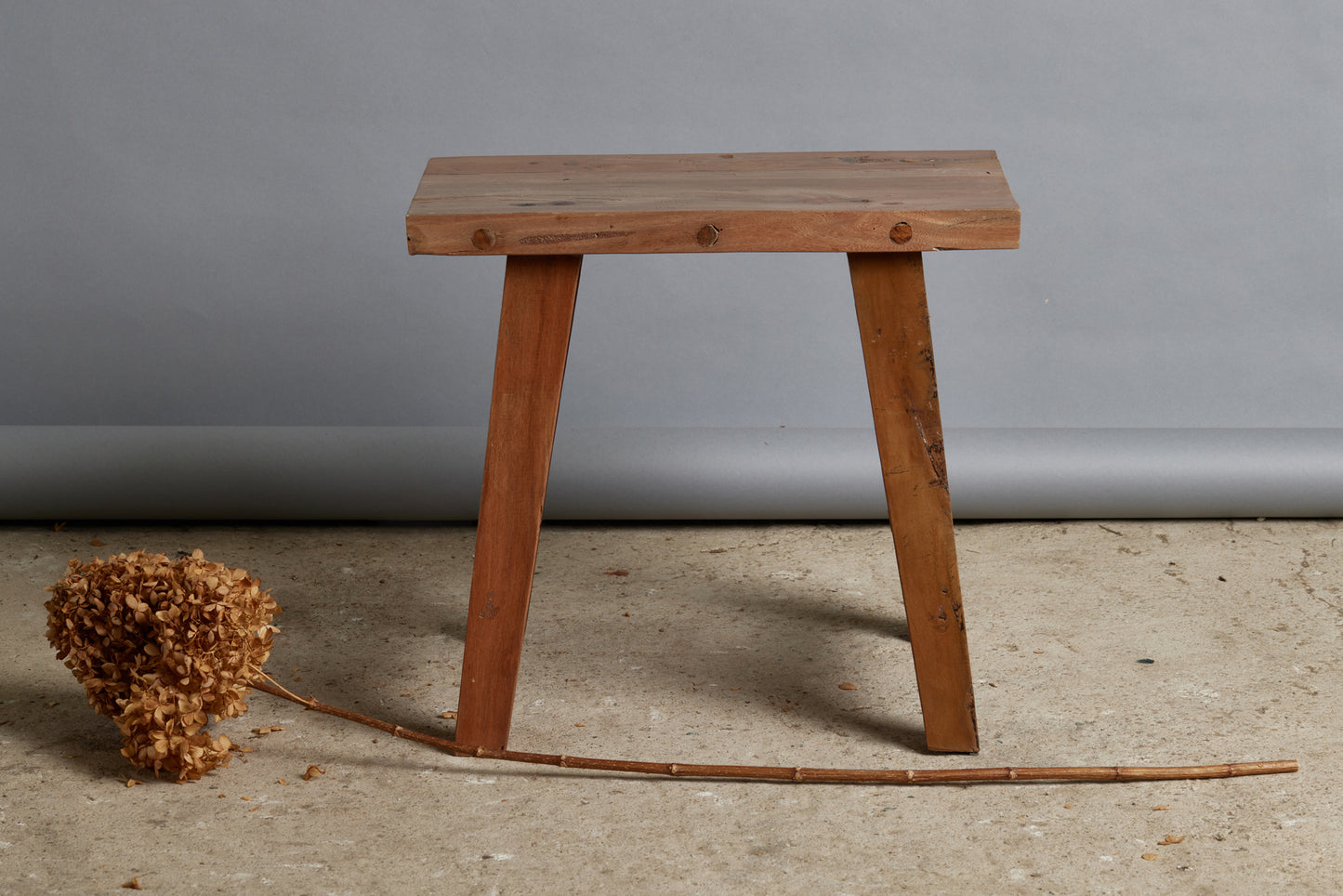 Small Sturdy Teak Stool with Splayed Leg and Rectangular Top