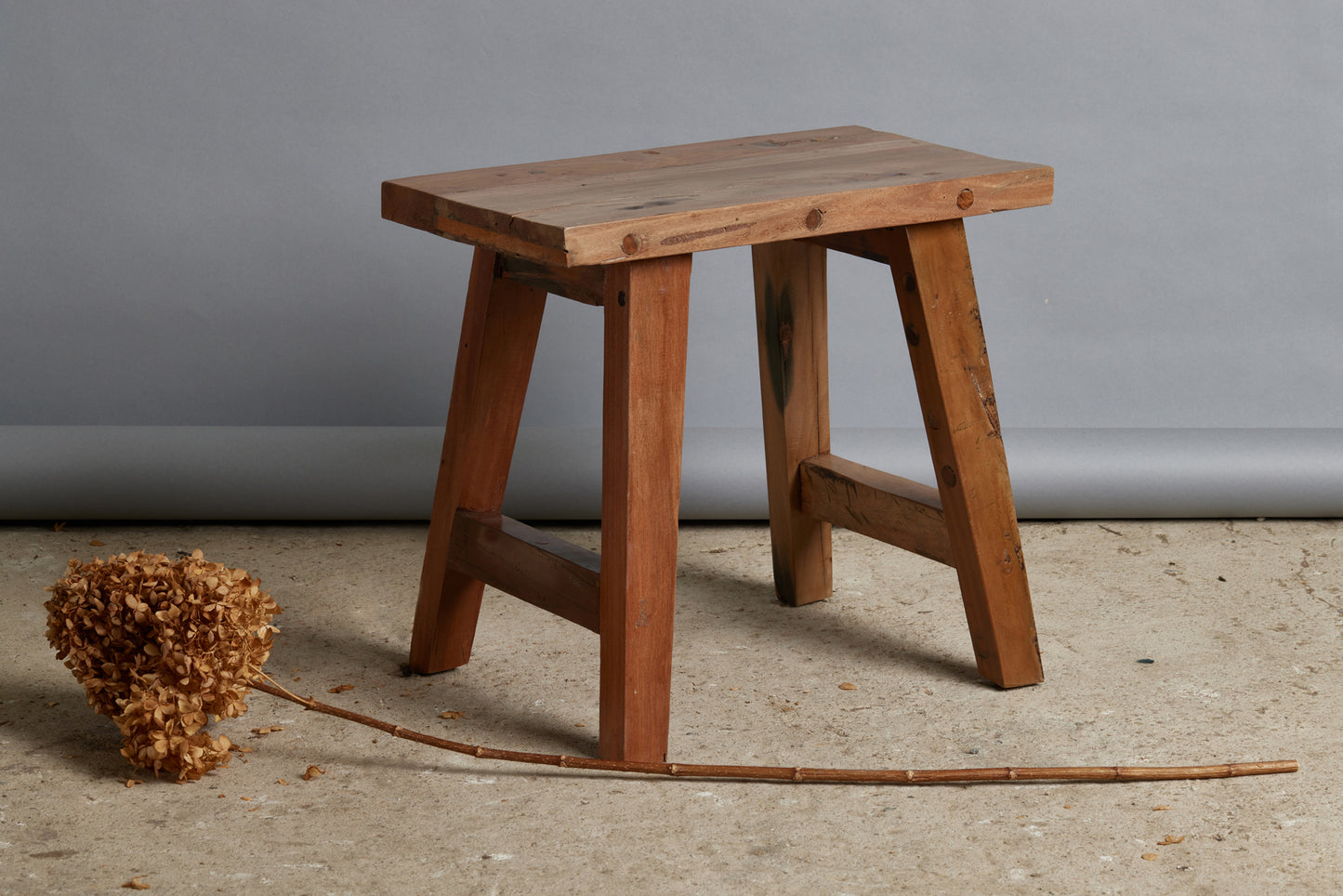 Small Sturdy Teak Stool with Splayed Leg and Rectangular Top