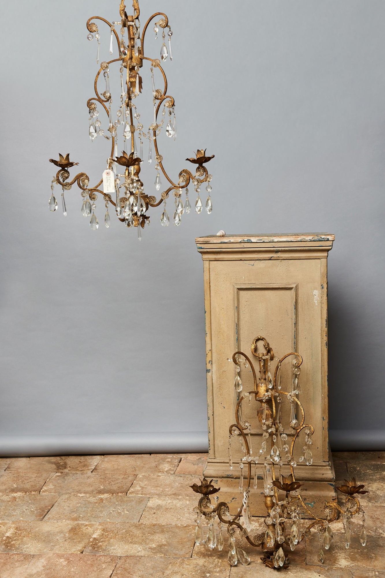 Pair of French Gilt Metal & Crystal Sconces
