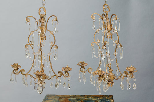 Pair of French Gilt Metal & Crystal Sconces