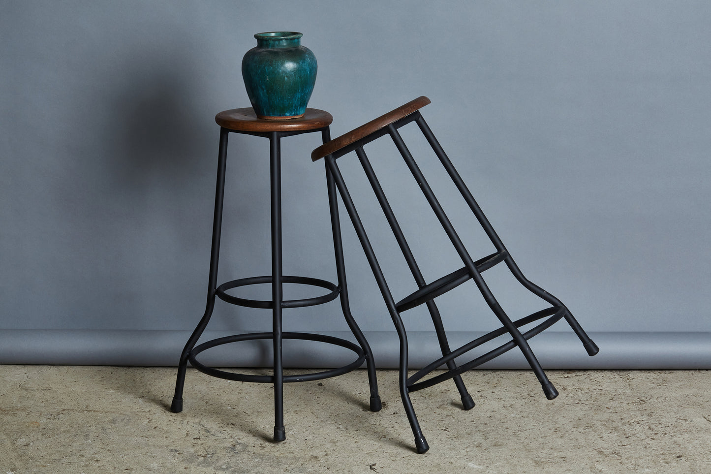 Metal Bar Stools with Teak Seats from Java