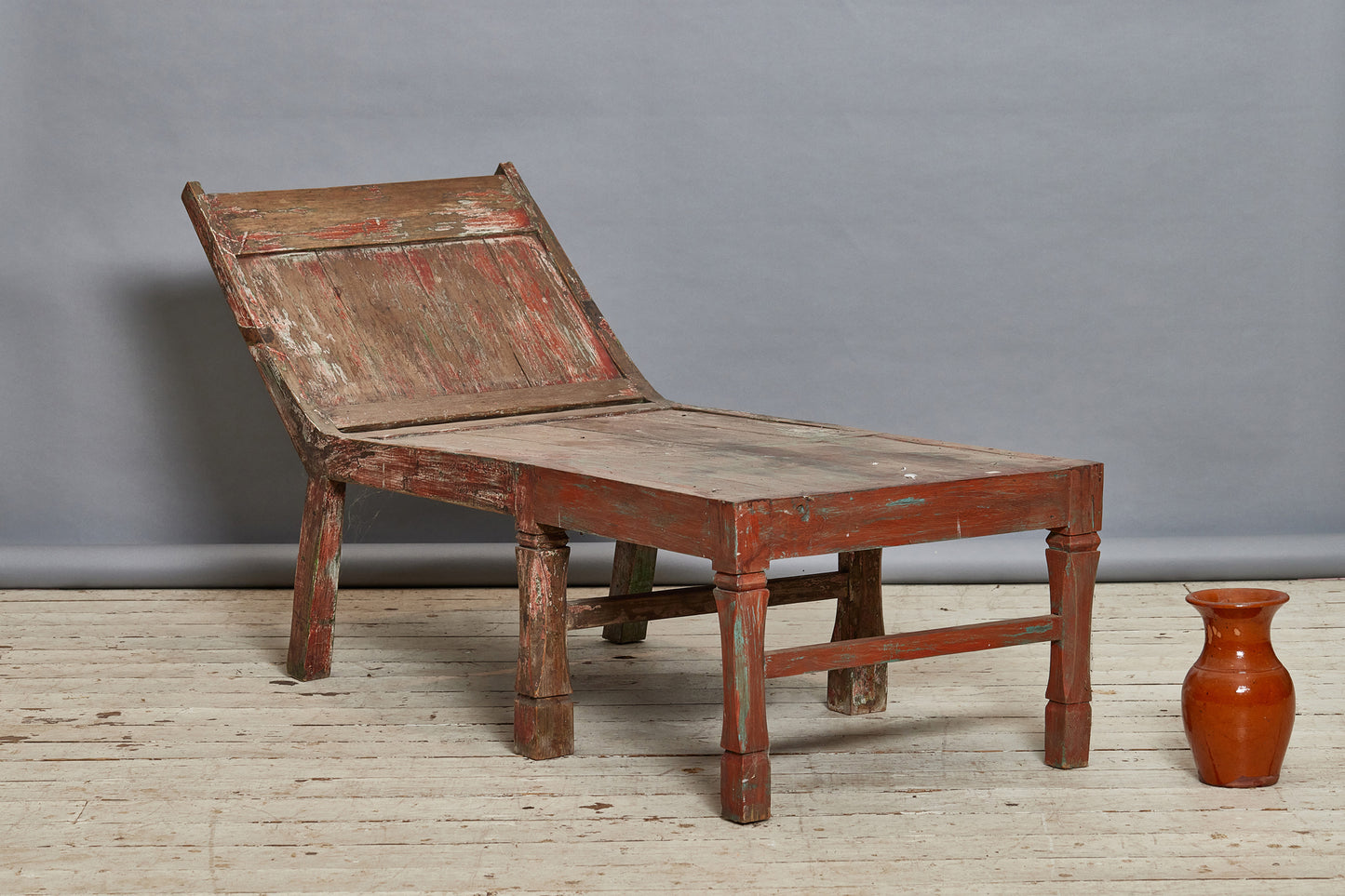 Dutch Colonial Teak Chaise from Sumatra with Traces of Red Paint