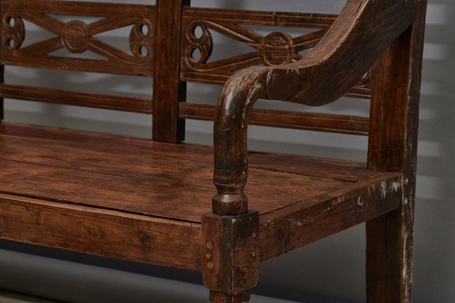 Dutch Colonial Teak Bench from Java with Hashtag Medallions Along the Back