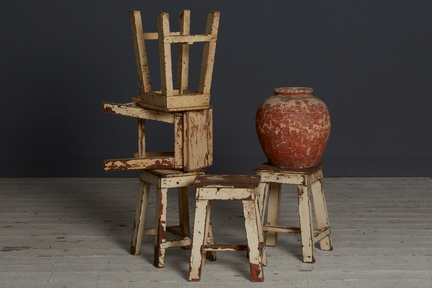 White Painted Factory Stools from Java