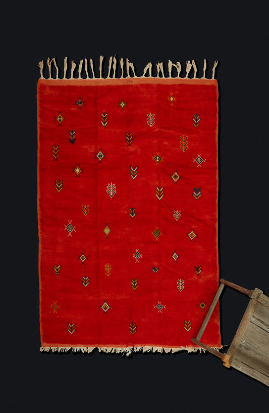 Moroccan Berber Carpet with Bright Orange Field & Symbols .... (5' x 6' 5'')