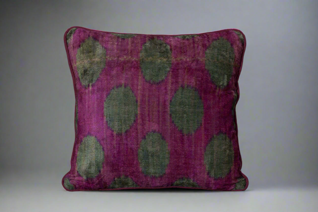 Beet and Dark Teal Silk Velvet Ikat Pillow