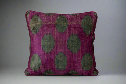 Beet and Dark Teal Silk Velvet Ikat Pillow